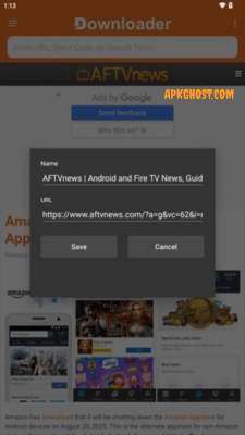 Tela do Downloader no Android mostrando o navegador e a janela para salvar um site como favorito, com os campos Nome e URL