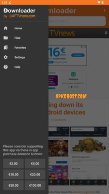 Menu lateral do Downloader com as áreas Home, Files, Favorites, Settings e Help sobre o navegador interno